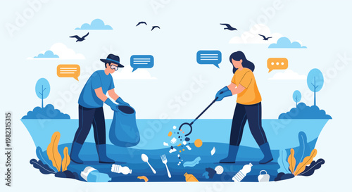 Group of volunteers cleaning up plastic bottles and waste from the ocean water to protect the marine environment and birds.