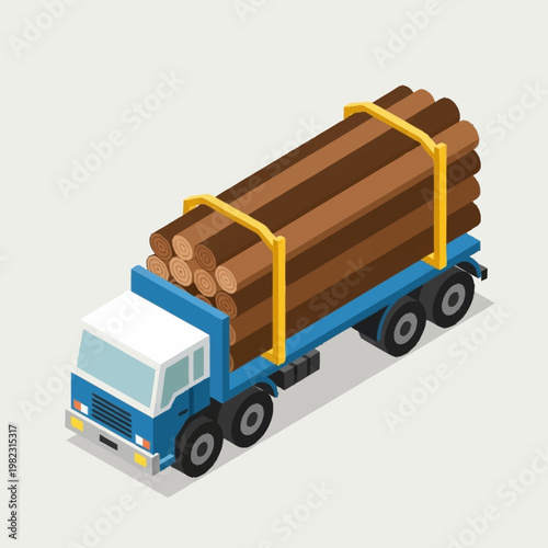 Truck carrying logs isometric illustration.