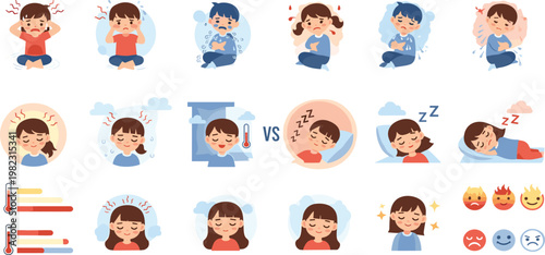 Stress and relaxation comparison illustration with headache anxiety crying and peaceful sleep states, mental health emotion concept character set