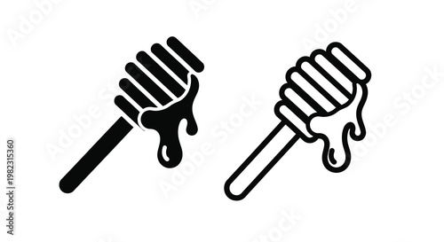 Two black and white icons depicting honey dippers with dripping honey