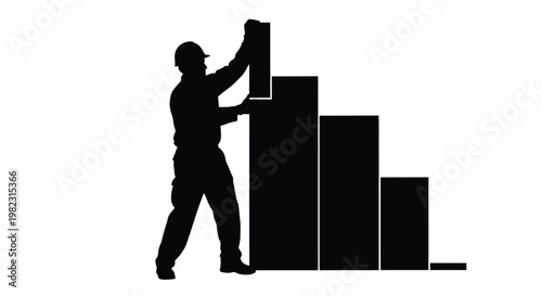 Construction worker silhouette building an ascending bar chart, symbolizing growth and progress vector illustration