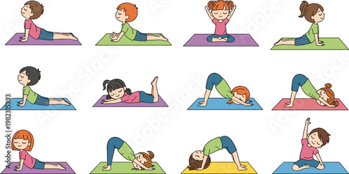 Kids practicing yoga poses set, children fitness and stretching exercises, healthy lifestyle activity, cartoon workout vector illustration collection
