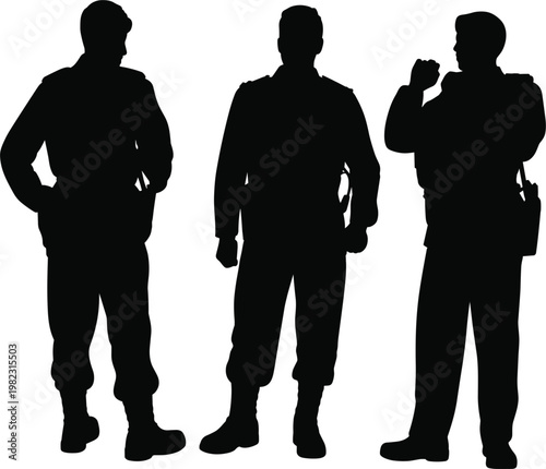 Police officer silhouettes set, law enforcement personnel standing poses, security vector illustration collection design