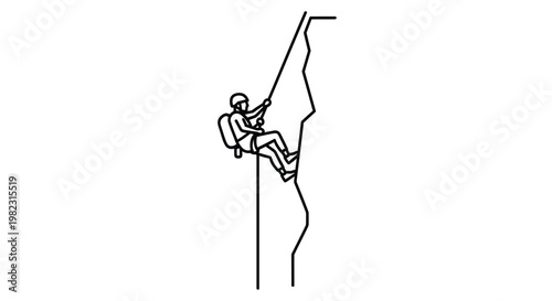 A lone climber rappels down a rocky cliff face silhouette