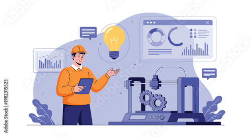 Industrial engineer in hard hat using tablet to monitor a 3D printing process with mechanical gears and data charts.