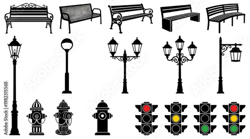 Urban Street Furniture Icons Set – Bench, Lamppost, Traffic Light, Hydrant Silhouette Vector for UI Map Signage CAD Assets