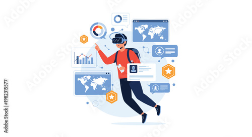 Young man wearing virtual reality headset exploring digital maps and data charts in a futuristic immersive world.