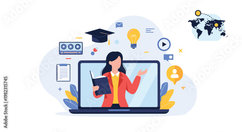 Female teacher conducting an online education class on a laptop screen with global learning and school icons around.