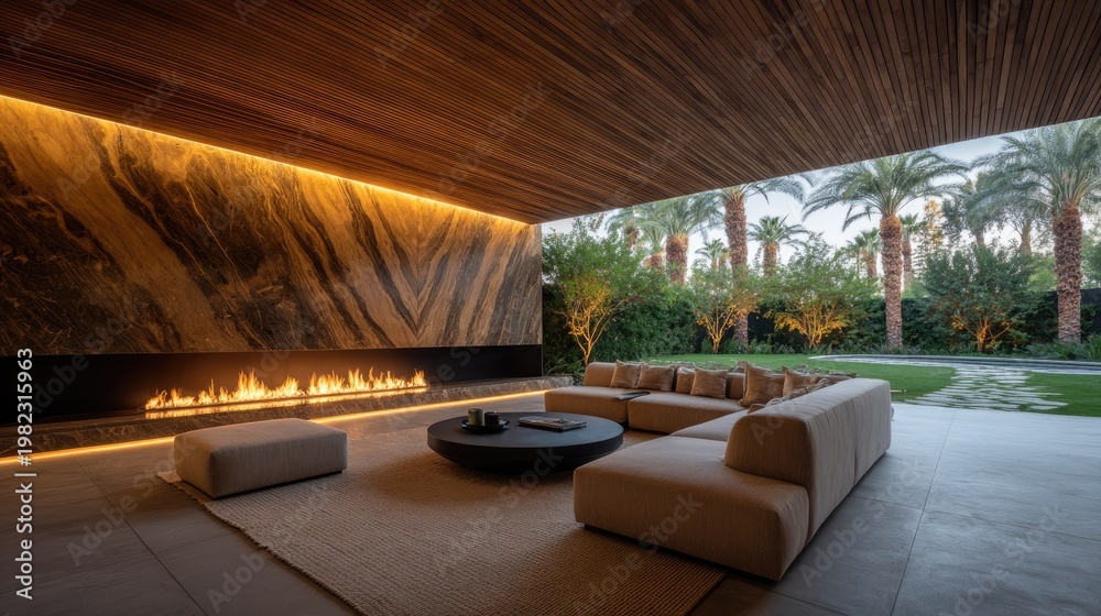 Fototapeta premium Luxurious contemporary outdoor living space features modern linear fireplace and tropical foliage view