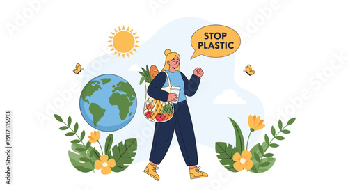 Conscious woman walking with a reusable grocery bag and a coffee cup near a stop plastic message for environmental protection.