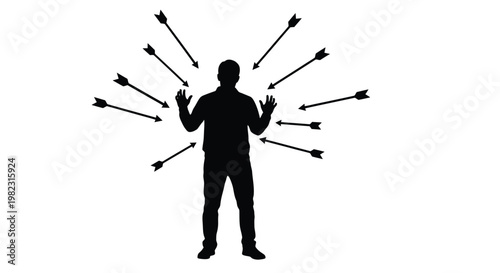 Vector illustration of a man's silhouette surrounded by multiple arrows, symbolizing stress, pressure, and external criticism.