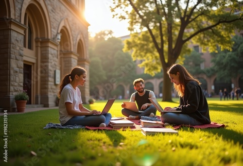 Vibrant College Campus Quad Historic Architecture Students Sunny Day Academic Life