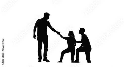 Two men helping a young girl stand up in this creative black and white vector illustration