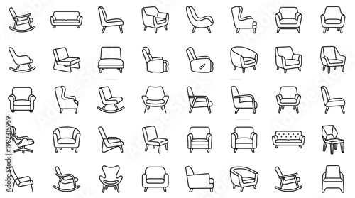 Modern Armchair Outline Icons Collection – Minimal Furniture Line Vector Set for UI Interior App Web Design Assets