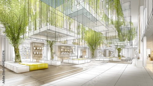 Architectural concept drawing showcases modern interior space blended with abundant natural greenery