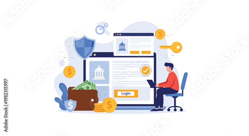 Person using laptop for secure online banking with a bank portal login screen and a shield for financial data protection.