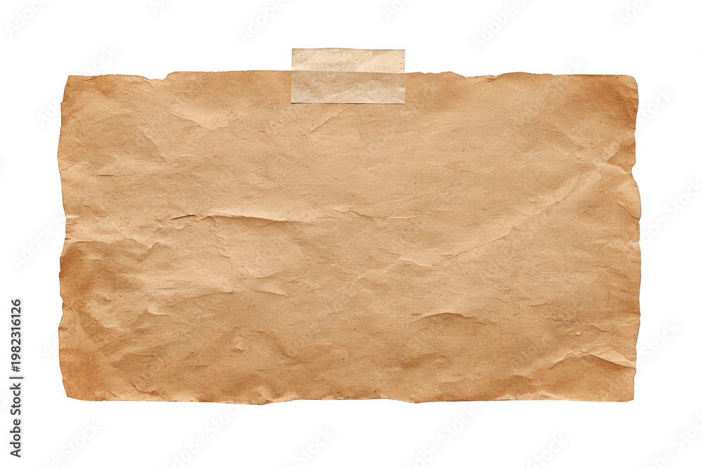 Fototapeta premium Blank vintage brown paper sheet with crumpled texture and torn edges taped on a transparent background