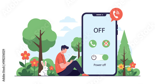 Man reading a book while sitting in a green park near a giant smartphone showing a power off screen for digital detox.