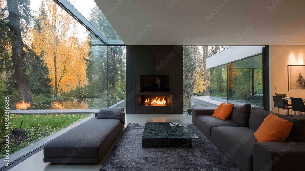 Fototapeta premium Luxurious modern interior living space features floor to ceiling windows overlooking autumn foliage and a tranquil water feature