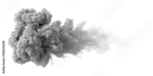 A detailed close up of a thick grey smoke plume isolated on a pure white background for design