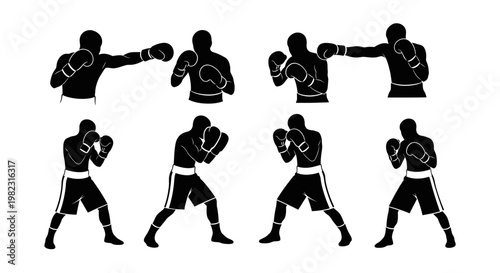 Black silhouettes of boxers in various fighting stances.