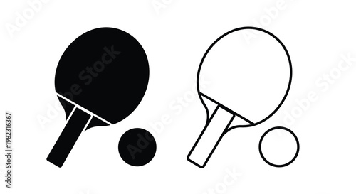 Simple black and white illustration depicting ping pong paddles and a ball