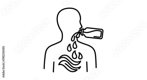A person drinking from a bottle with liquid drops a line silhouette