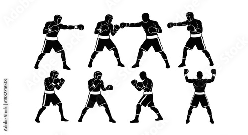 Silhouette of boxers in various fighting poses.