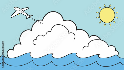 A travel scene. It features a simple white airplane flying over a large, fluffy white cloud and blue ocean waves. A yellow sun with black outlines shines in the upper right corner against a light blue