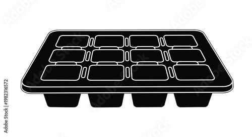 Black plastic food tray with multiple compartments a stark silhouette