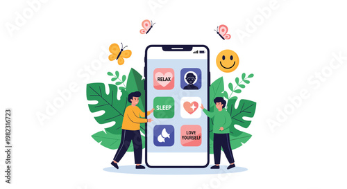 Users interacting with mobile application for mental health and wellness featuring categories for relaxation and sleep.