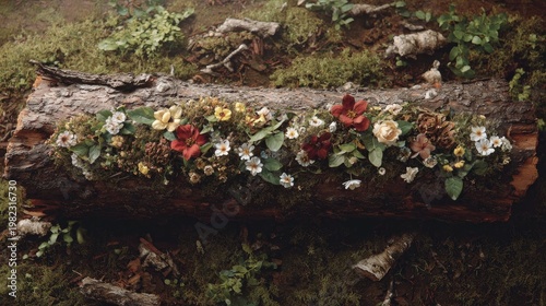 Decaying woodland log transformed into a vibrant display of natural floral arrangement