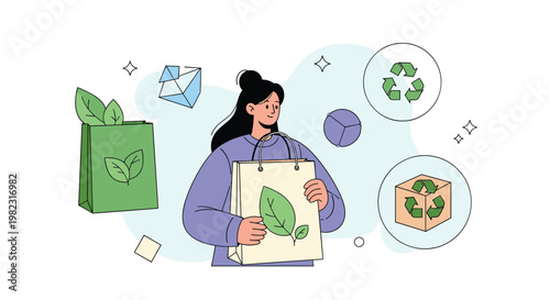 Environmentally conscious consumer using reusable paper bags and supporting sustainable practices for planet protection.