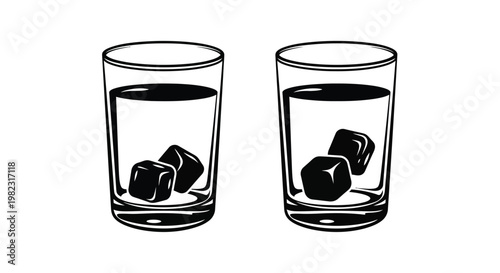 Two glasses filled with liquid and ice a black silhouette