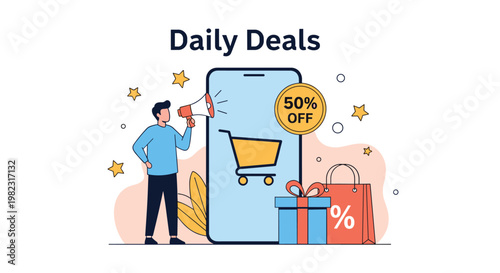 Marketing professional promoting daily deals and discounts through mobile e-commerce application using a loud megaphone.