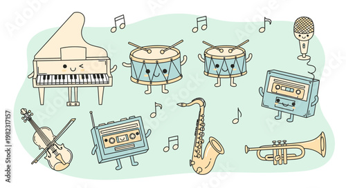 A colorful illustration of musical instruments with smiling faces.