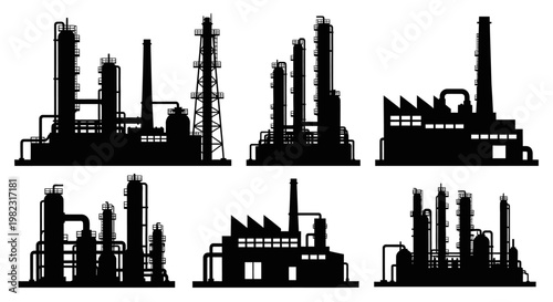 Industrial factory building silhouettes set.