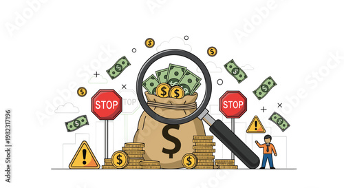 Financial investigation and fraud prevention concept showing a money bag under a magnifying glass with warning symbols.