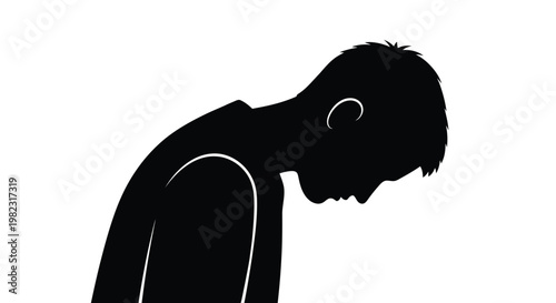 Minimalist vector graphic illustration of a young man with his head hung low in deep sorrow