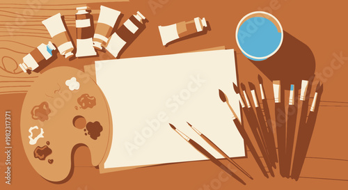 Art supplies on a wooden table.