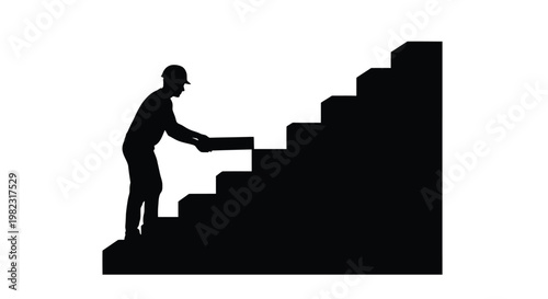 Ambitious individual building their own ladder to success, step by step, a conceptual vector design.