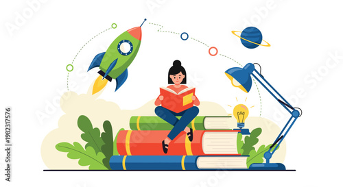 Creative learning concept with a young girl reading on a stack of books while a rocket orbits her imaginative world.
