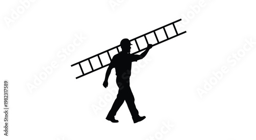 Black vector illustration of a construction worker carrying a large ladder on his shoulder silhouette shape
