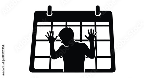 Silhouette of a stressed person standing against a calendar grid vector graphic for time management concept