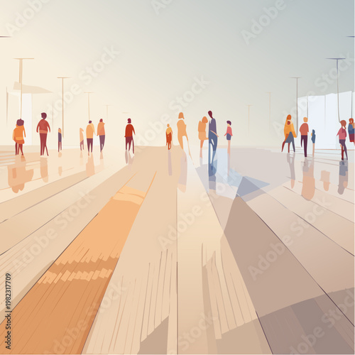 Minimal Abstract Floor Reflection Illustration with Blurred Human Silhouettes Walking