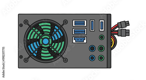 A computer power supply unit with a fan and various connectors on a white background