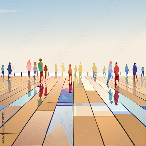 Abstract Vector Illustration of Wooden Floor Texture with Distorted Reflection of People Walking