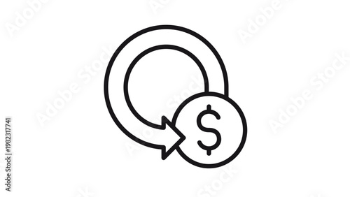 Minimalist black vector line icon of a circular arrow pointing to a dollar coin, symbolizing cash back, refund, return on investment, recurring payment, and financial cycle business concepts.