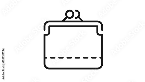 Minimalist black line art vector icon of a vintage coin purse or wallet with a metal clasp, representing money, savings, finance, and payment concepts for graphic design and web interfaces.