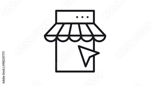 Minimalist black line vector illustration of an online store or digital shop, featuring a storefront awning integrated with a browser window and a mouse cursor arrow, representing e-commerce.